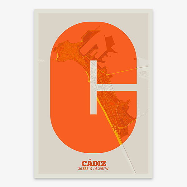 Decorative print of Cadiz composed with letters in a heavy geometric font printed on orange and an off-white background