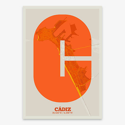 Decorative print of Cadiz composed with letters in a heavy geometric font printed on orange and an off-white background