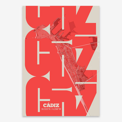 The map of Cadiz composed with letters from its name or IATA code printed on red and an off-white background