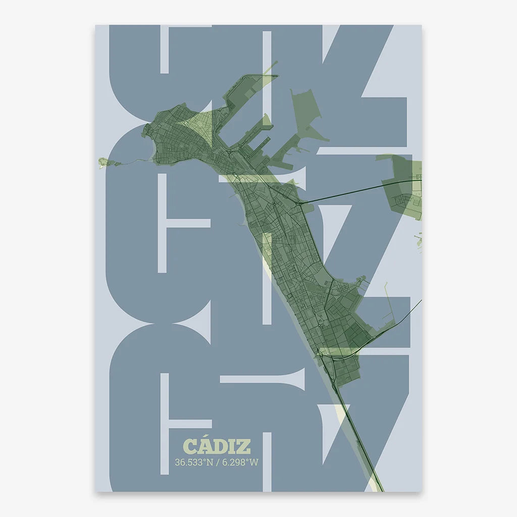 Poster of Cadiz composed with letters from its abbreviation or its airport IATA code printed on two green tones