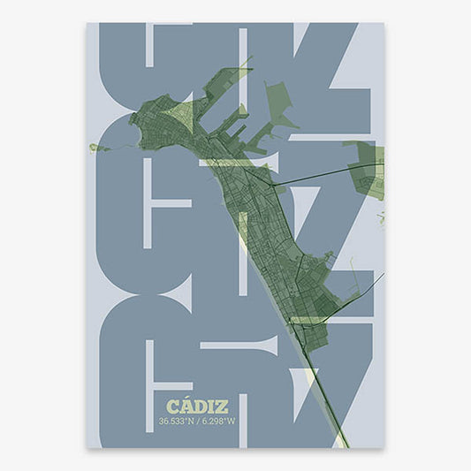 Poster of Cadiz composed with letters from its abbreviation or its airport IATA code printed on two green tones