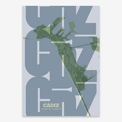 The map of Cadiz composed with letters from its name or IATA code printed on two green tones