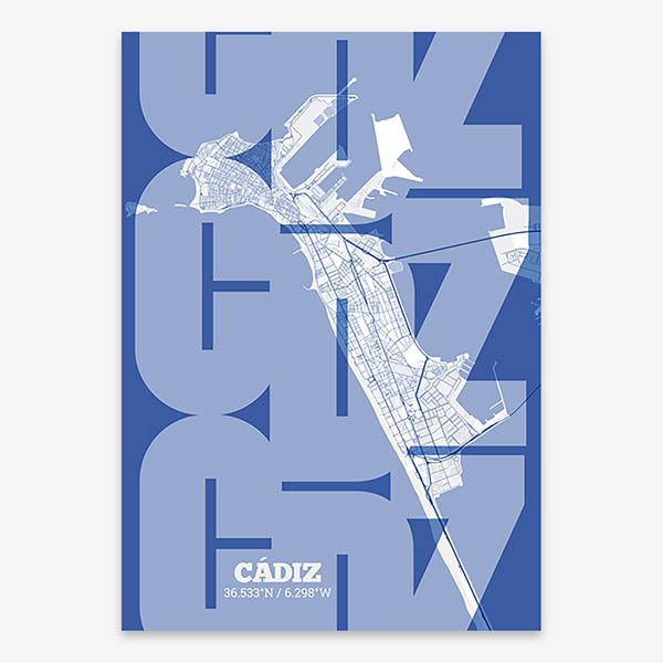 Poster of Cadiz composed with letters from its abbreviation or its airport IATA code printed on navy blue and white