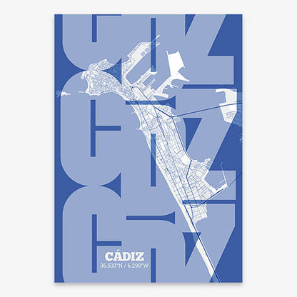 Poster of Cadiz composed with letters from its abbreviation or its airport IATA code printed on navy blue and white