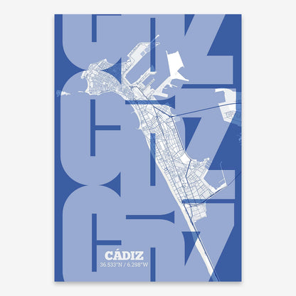 The map of Cadiz composed with letters from its name or IATA code printed on navy blue and white