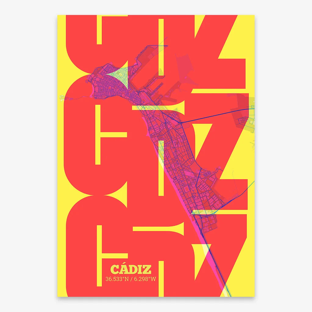 Poster of Cadiz composed with letters from its abbreviation or its airport IATA code printed on yellow and fuchsia