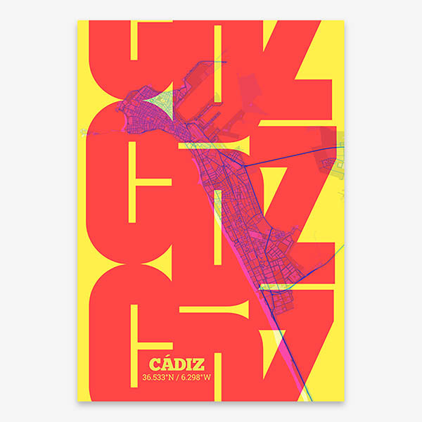 Poster of Cadiz composed with letters from its abbreviation or its airport IATA code printed on yellow and fuchsia