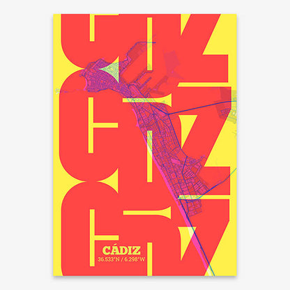 Poster of Cadiz composed with letters from its abbreviation or its airport IATA code printed on yellow and fuchsia