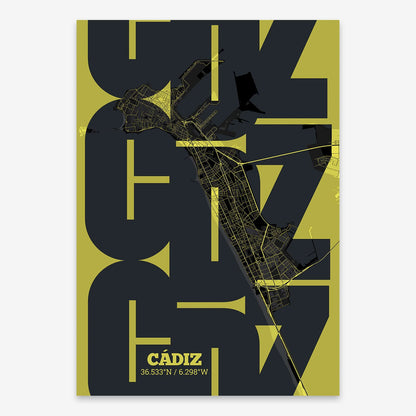 The map of Cadiz composed with letters from its name or IATA code printed on black and yellow
