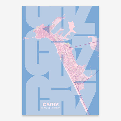 The map of Cadiz composed with letters from its name or IATA code printed on pink and light blue