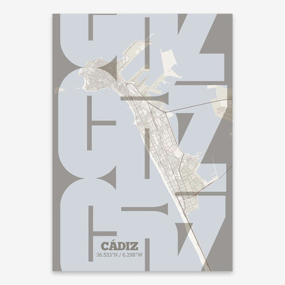 The map of Cadiz composed with letters from its name or IATA code printed on light brown and an off-white background
