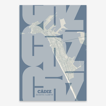 The map of Cadiz composed with letters from its name or IATA code printed on bluish gray and an off-white background