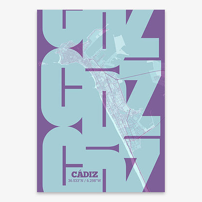 Poster of Cadiz composed with letters from its abbreviation or its airport IATA code printed on purple and light blue