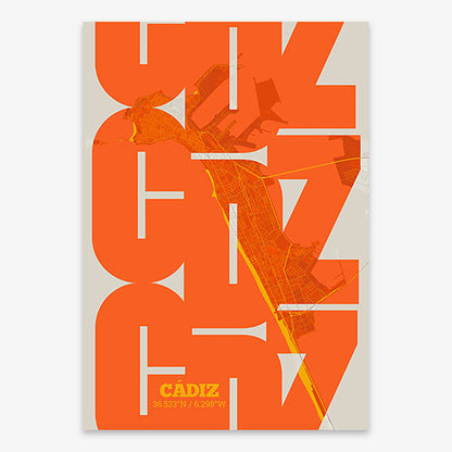 Poster of Cadiz composed with letters from its abbreviation or its airport IATA code printed on orange and an off-white background
