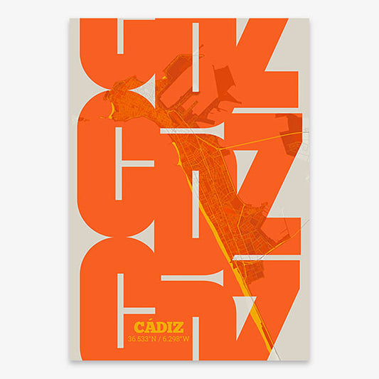 Poster of Cadiz composed with letters from its abbreviation or its airport IATA code printed on orange and an off-white background