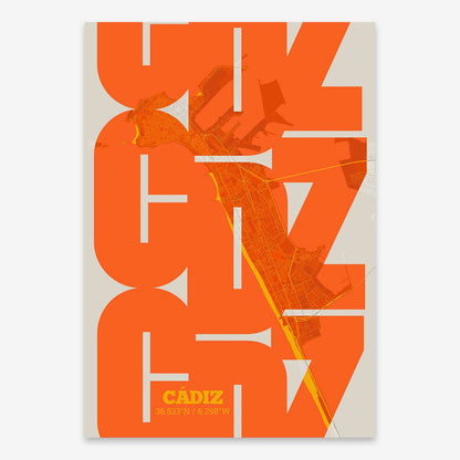 The map of Cadiz composed with letters from its name or IATA code printed on orange and an off-white background