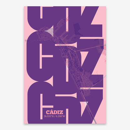 The map of Cadiz composed with letters from its name or IATA code printed on violet y pink background