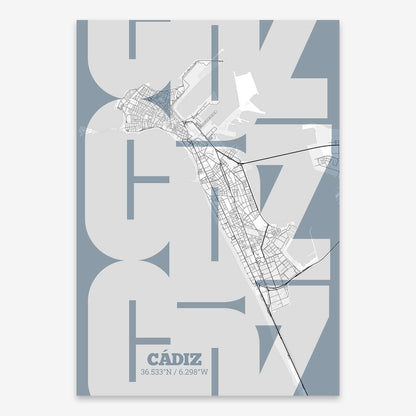 The map of Cadiz composed with letters from its name or IATA code printed on black and white