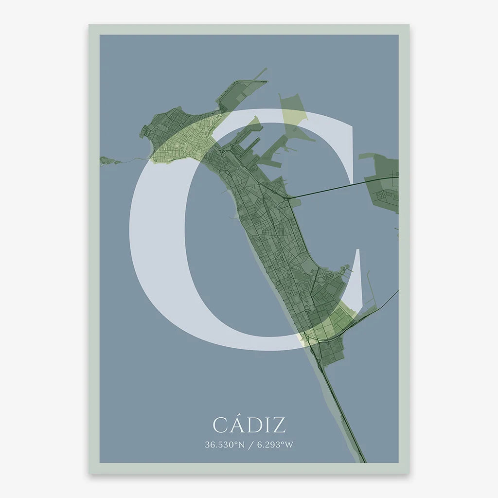 Decorative map of Cadiz composed with letters in serif font printed on two green tones