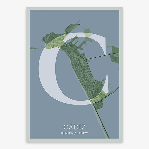 Decorative map of Cadiz composed with letters in serif font printed on two green tones