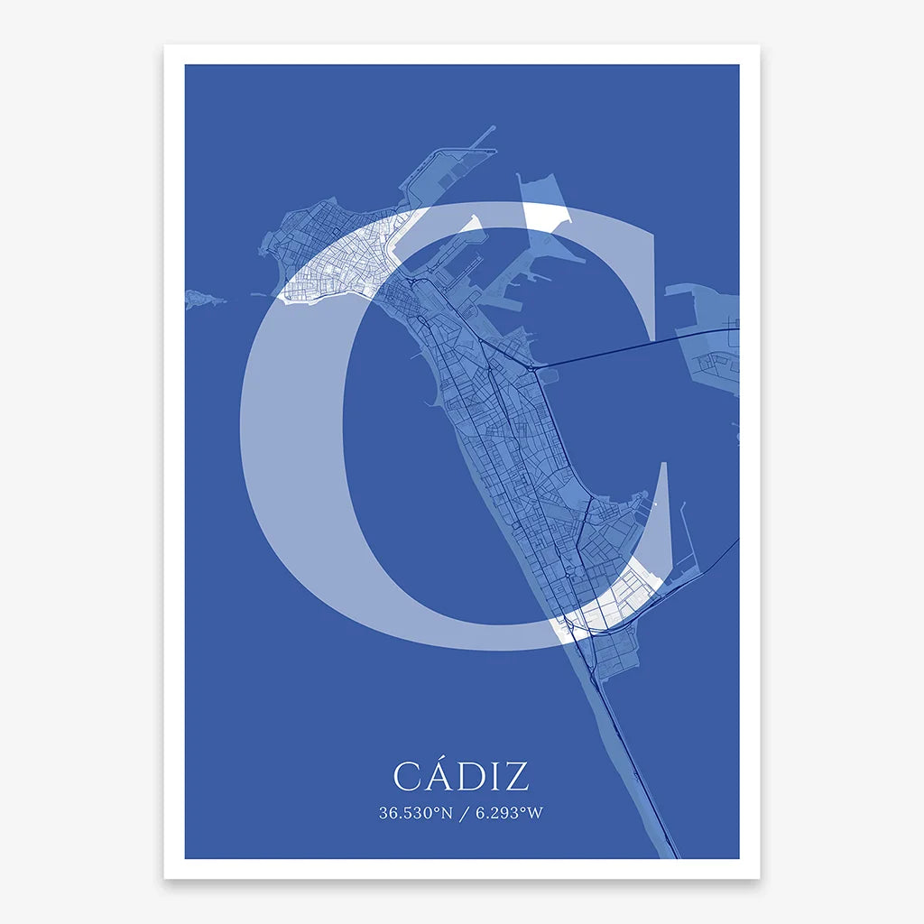 Decorative map of Cadiz composed with letters in serif font printed on navy blue and white