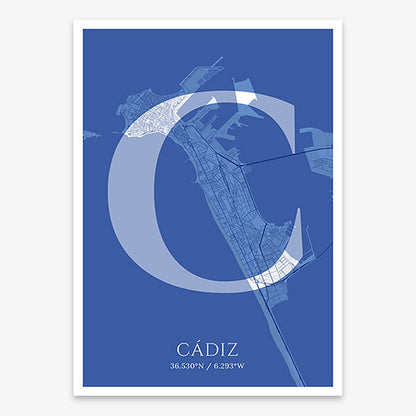 Decorative map of Cadiz composed with letters in serif font printed on navy blue and white