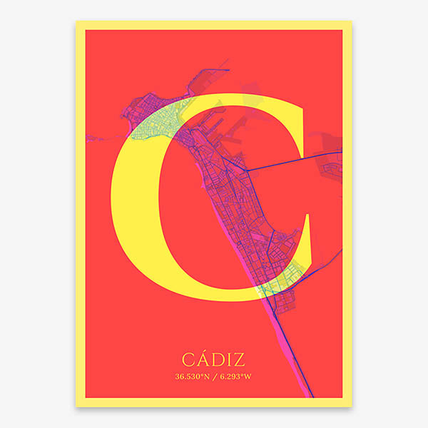 Decorative map of Cadiz composed with letters in serif font printed on yellow and fuchsia