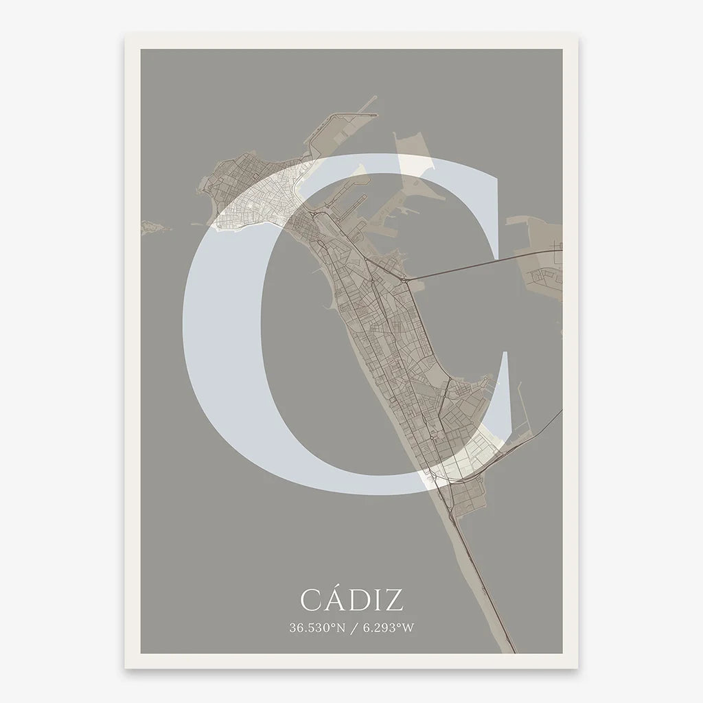 Decorative map of Cadiz composed with letters in serif font printed on light brown and an off-white background