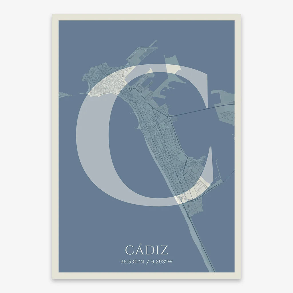 Decorative map of Cadiz composed with letters in serif font printed on bluish gray and an off-white background