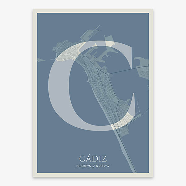 Decorative map of Cadiz composed with letters in serif font printed on bluish gray and an off-white background