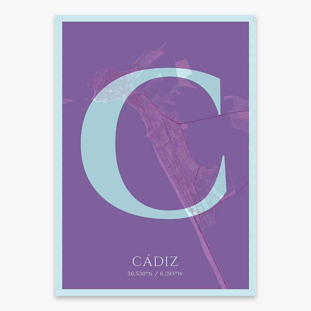 Decorative map of Cadiz composed with letters in serif font printed on purple and light blue