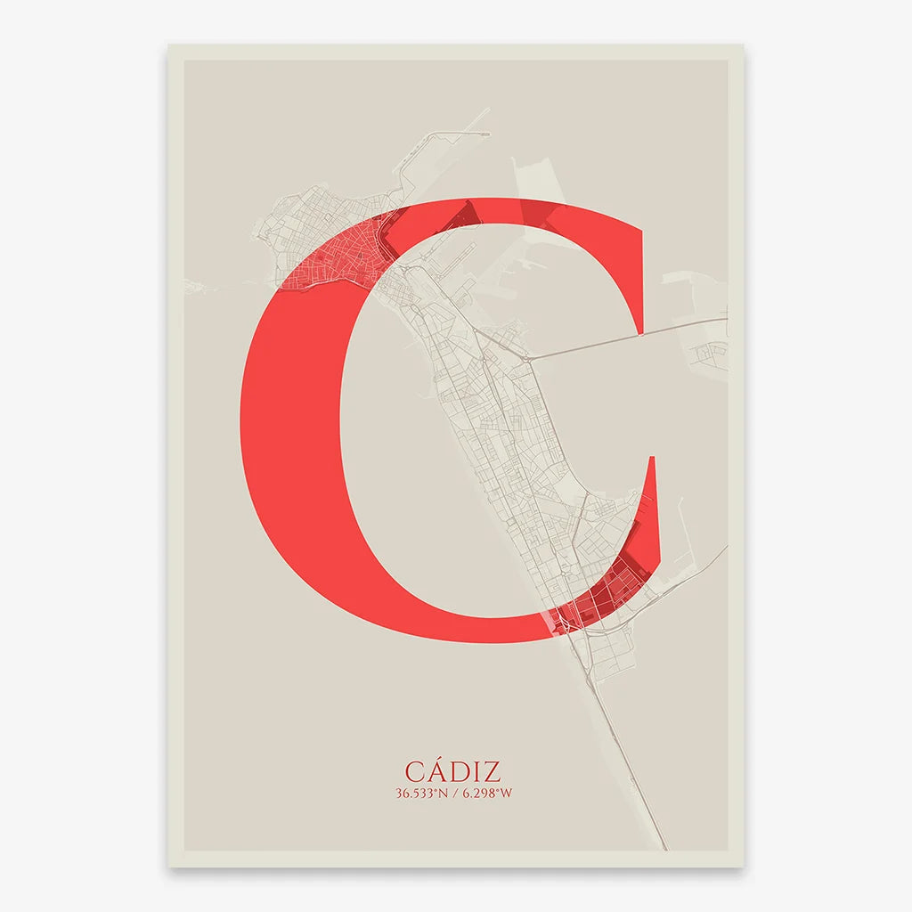 Decorative map of Cadiz composed with letters in serif font printed on red and an off-white background