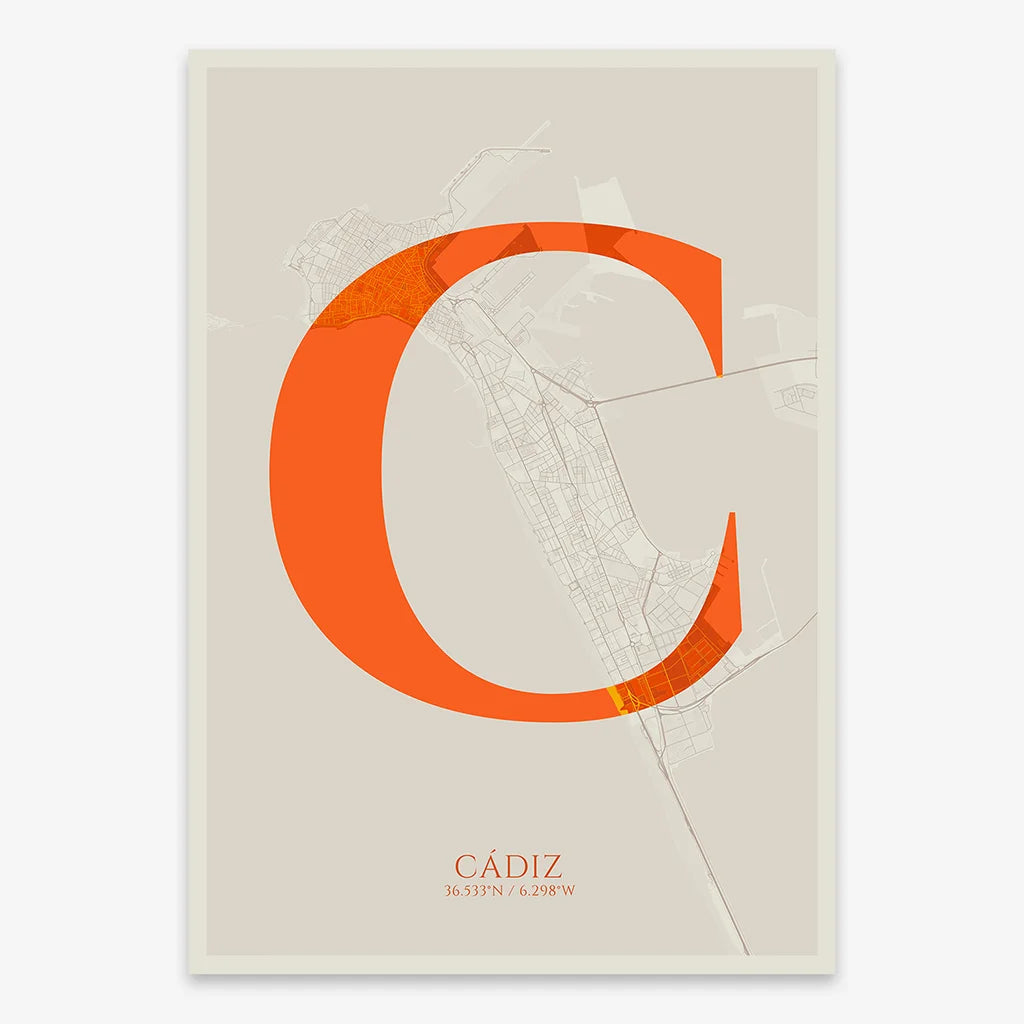 Decorative map of Cadiz composed with letters in serif font printed on orange and an off-white background