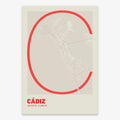 Poster of Cadiz composed with letters in extra light font printed on red and an off-white background