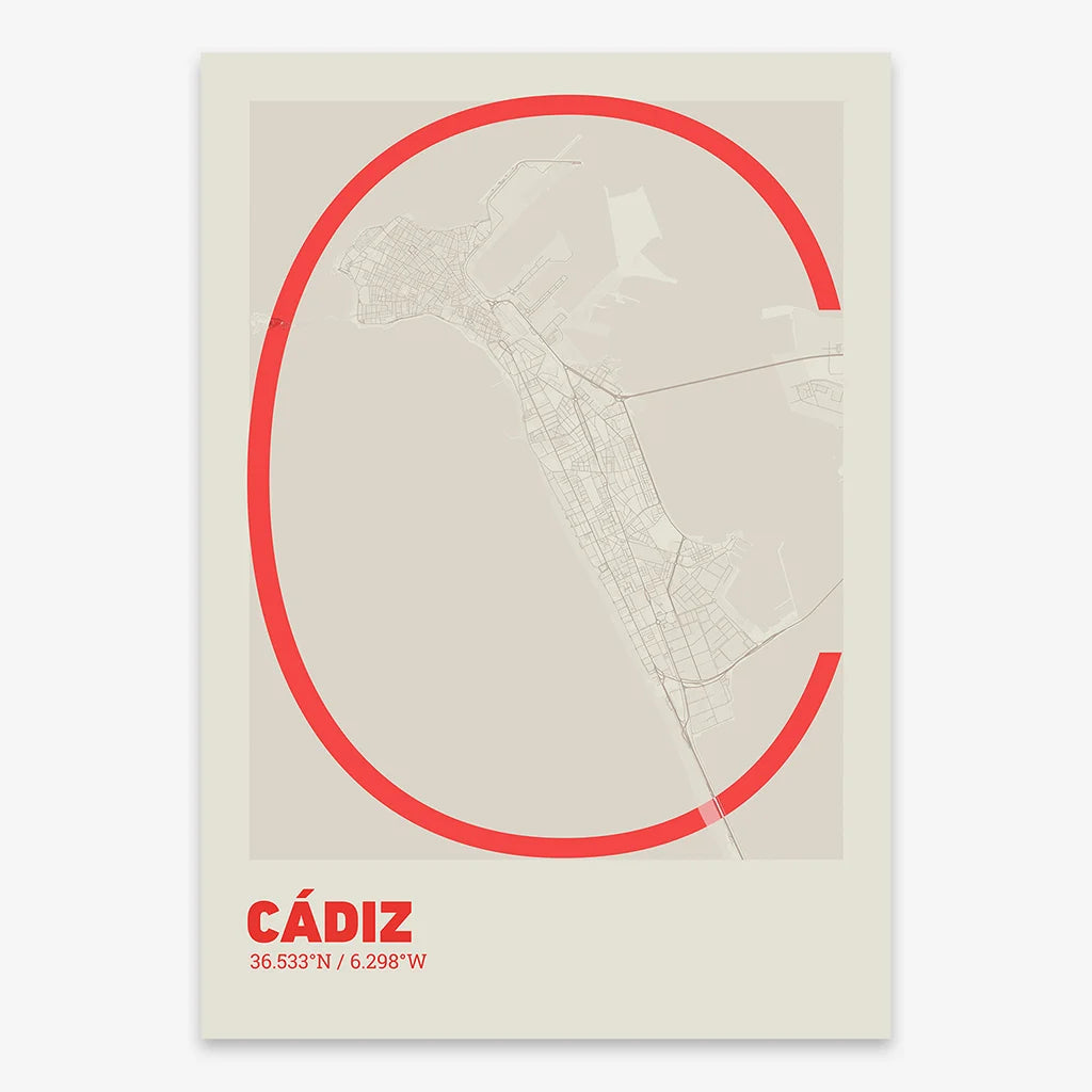 Poster of Cadiz composed with letters in extra light font printed on red and an off-white background