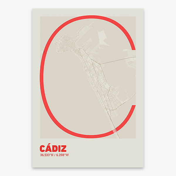 Poster of Cadiz composed with letters in extra light font printed on red and an off-white background