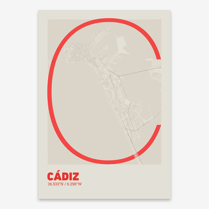 The map of Cadiz composed with letters in extra light font printed on red and an off-white background