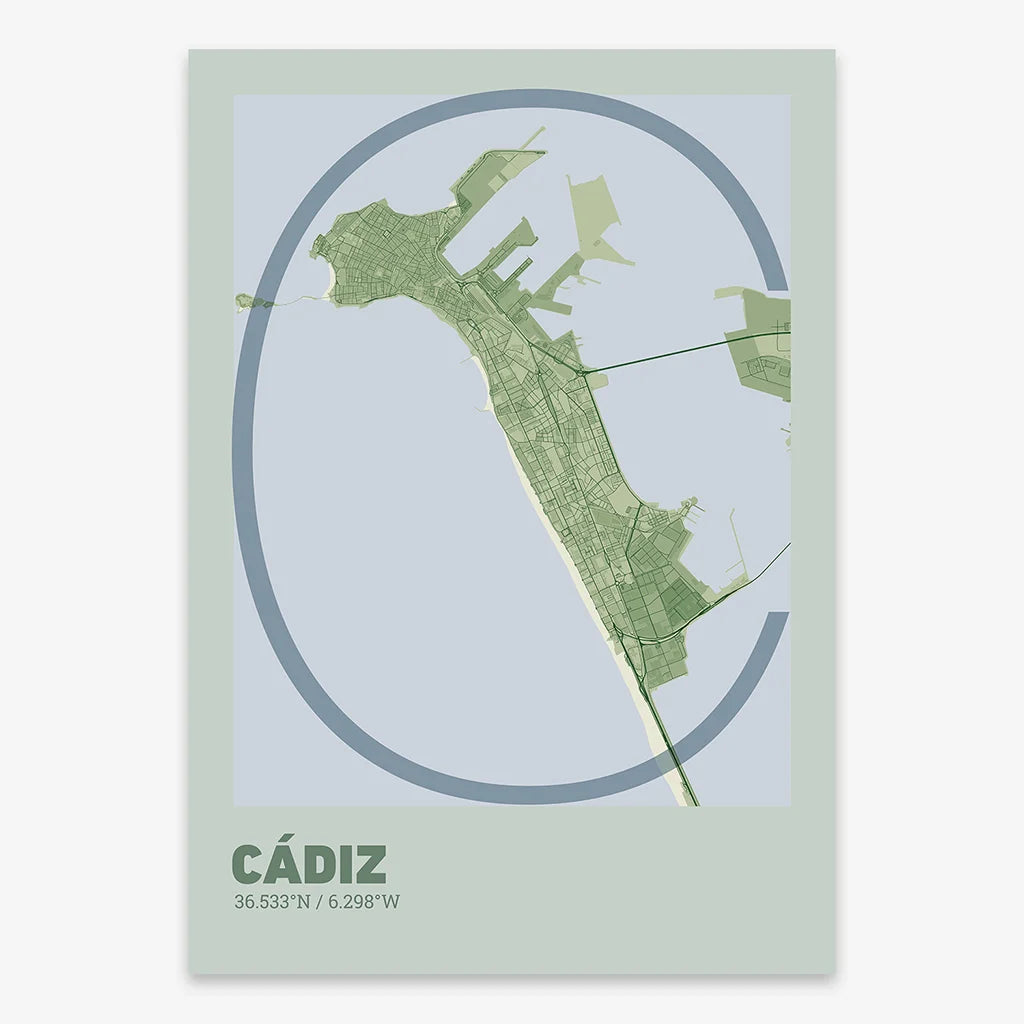 Poster of Cadiz composed with letters in extra light font printed on two green tones