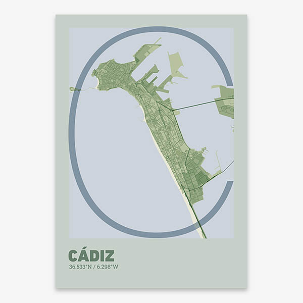 Poster of Cadiz composed with letters in extra light font printed on two green tones