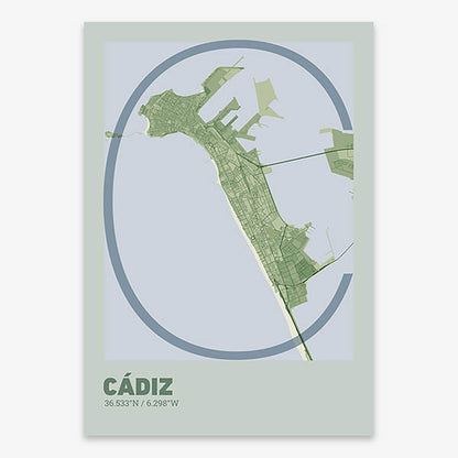 Poster of Cadiz composed with letters in extra light font printed on two green tones