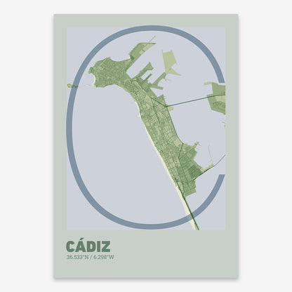 The map of Cadiz composed with letters in extra light font printed on two green tones