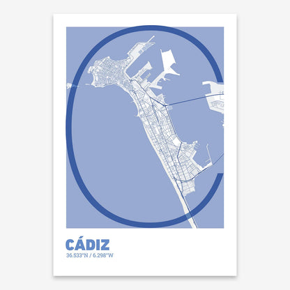 The map of Cadiz composed with letters in extra light font printed on navy blue and white