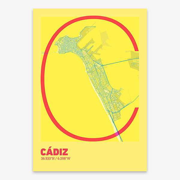 Poster of Cadiz composed with letters in extra light font printed on yellow and fuchsia