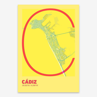 The map of Cadiz composed with letters in extra light font printed on yellow and fuchsia