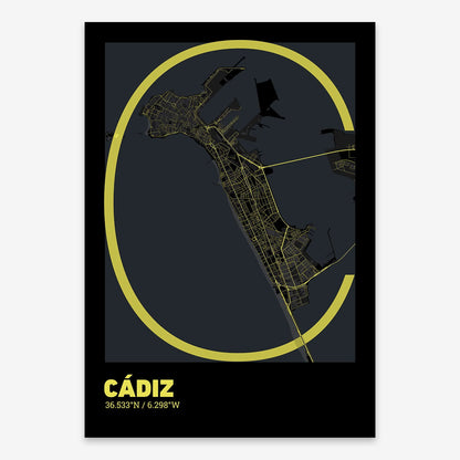 The map of Cadiz composed with letters in extra light font printed on black and yellow