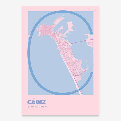 The map of Cadiz composed with letters in extra light font printed on pink and light blue