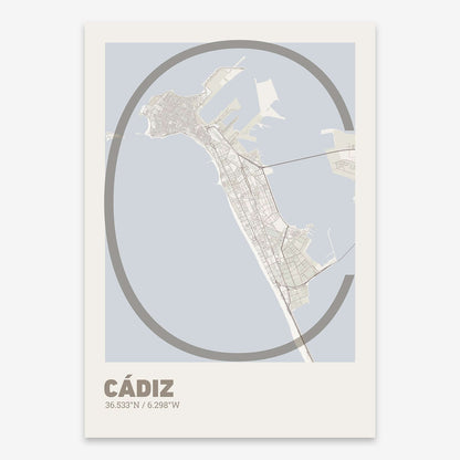 The map of Cadiz composed with letters in extra light font printed on light brown and an off-white background