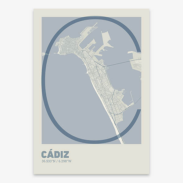 Poster of Cadiz composed with letters in extra light font printed on bluish gray and an off-white background