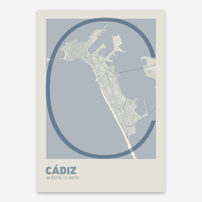 The map of Cadiz composed with letters in extra light font printed on bluish gray and an off-white background