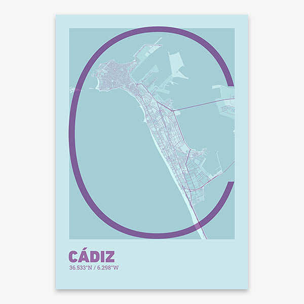 Poster of Cadiz composed with letters in extra light font printed on purple and light blue
